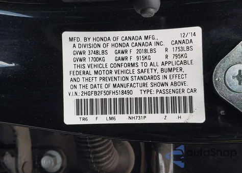 2015 Honda Civic Lx из США, поврежденный, VIN 2HGFB2F50FH518490